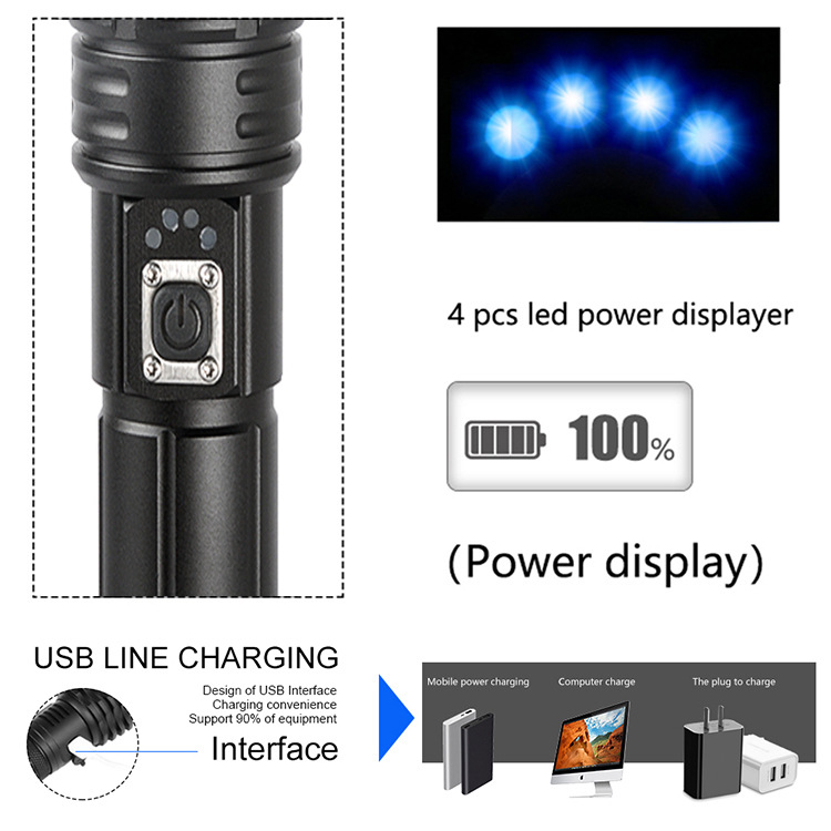 Linterna de luz fuerte P70 superbrillante, aleación de aluminio de largo alcance, impermeable, recargable por USB 5V, para exteriores