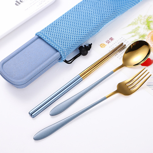 Cross-border direct sales 304 stainless steel convenient outdoor tableware set Student chopsticks fork spoon set 3-piece tableware box