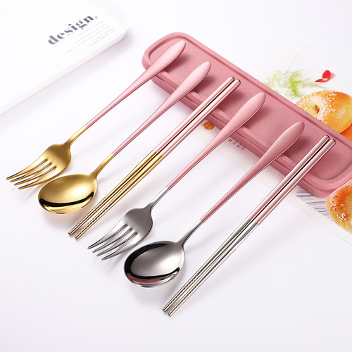 Cross-border direct sales 304 stainless steel convenient outdoor tableware set Student chopsticks fork spoon set 3-piece tableware box