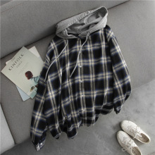 原宿风连帽格子长袖衬衫外套女 韩版春秋中长款磨毛棉宽松上衣潮