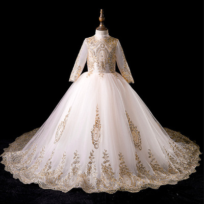Long sleeve Europe and America Cross border Foreign trade Source of goods children Wedding dress perform birthday host Tailing David Flower Girl Dresses