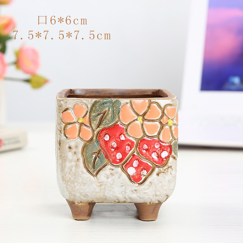 多肉陶磁器植木鉢diy手描き陶磁器植木鉢粗陶通気デスクトップ韓国式カラー角型多肉盆|undefined