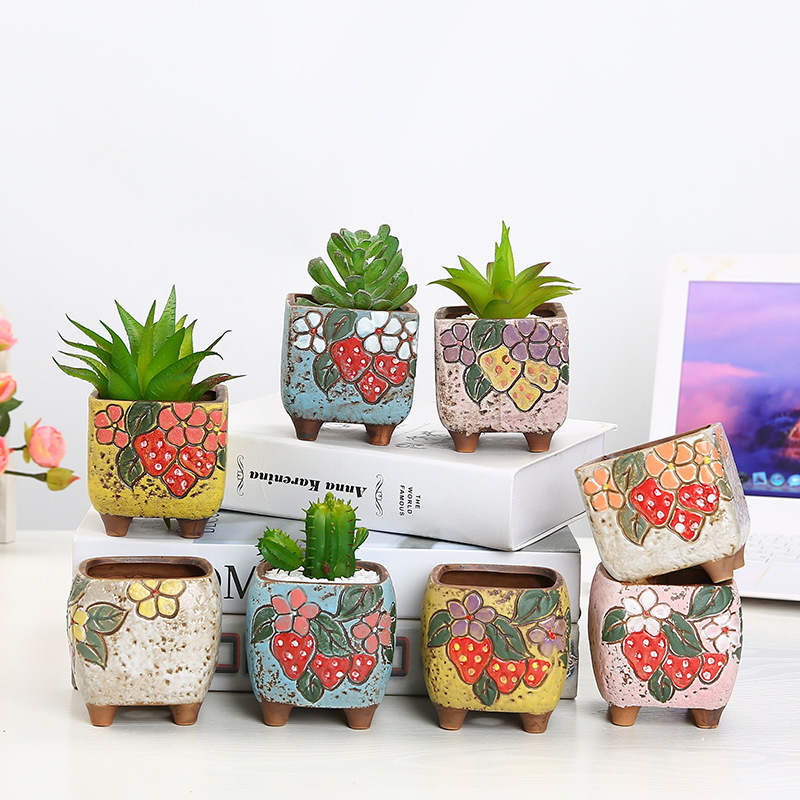 Fleshy ceramic flowerpot DIY hand-painted ceramic flowerpot stoneware breathable tabletop Korean colorful square fleshy pot