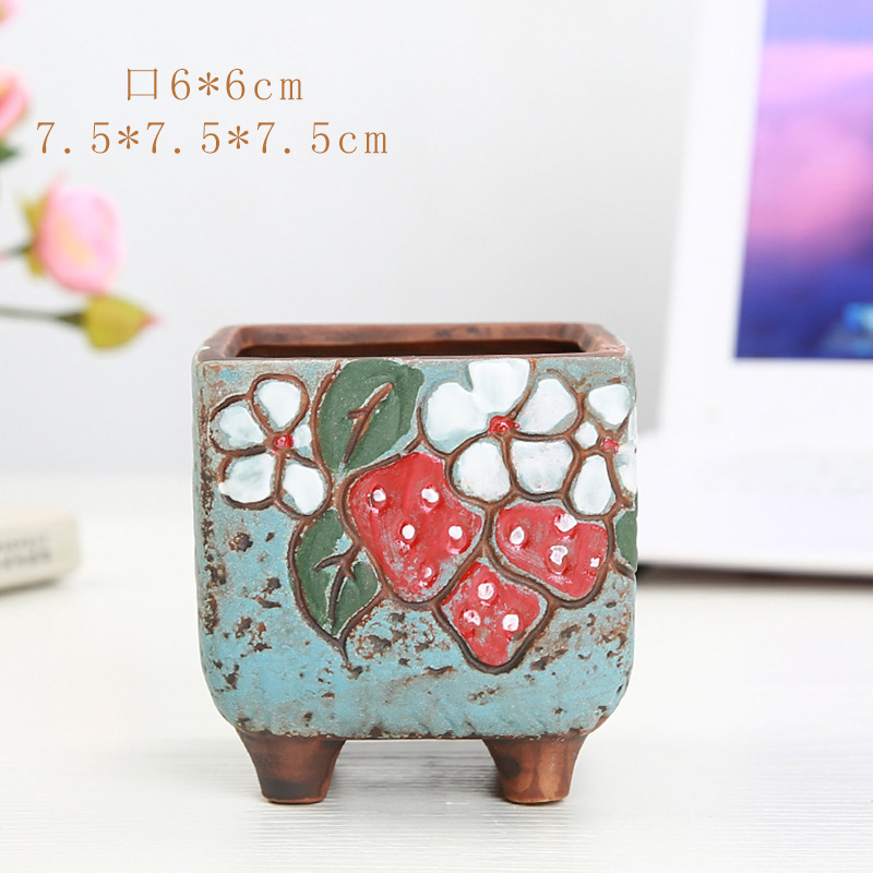 多肉陶磁器植木鉢diy手描き陶磁器植木鉢粗陶通気デスクトップ韓国式カラー角型多肉盆|undefined