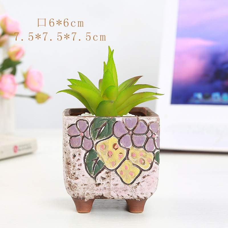 多肉陶磁器植木鉢diy手描き陶磁器植木鉢粗陶通気デスクトップ韓国式カラー角型多肉盆|undefined