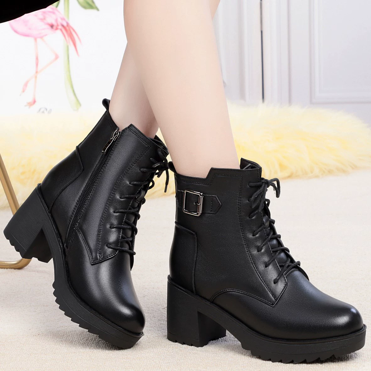 Осенне-зимние женские кожаные сапоги из натуральной кожи на высоком каблуке Большие размеры шерстяные женские хлопковые сапоги на толстой подошве Ботинки Martin на толстом каблуке Нескользящие хлопчатобумажные туфли для мам
