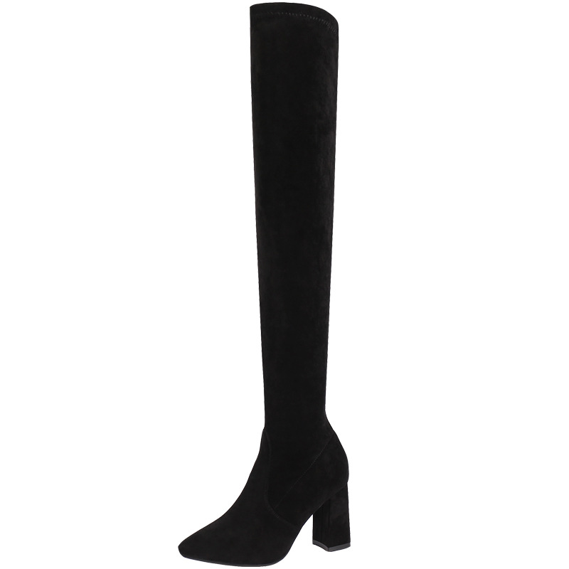 Bottes à talons hauts au-dessus du genou Bottes en daim à élastiques épais et bottes en polaire à bout pointu et élastiques_voghion.com