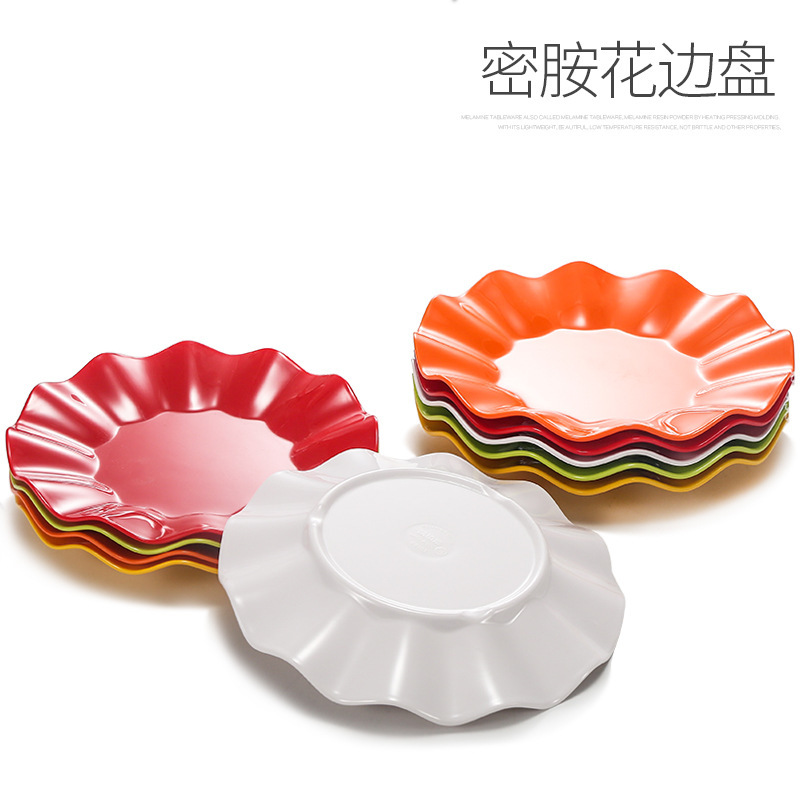 Kaibaiya imitation porcelain melamine color plate plastic snack fruit plate creative round lotus leaf lace hot pot dish