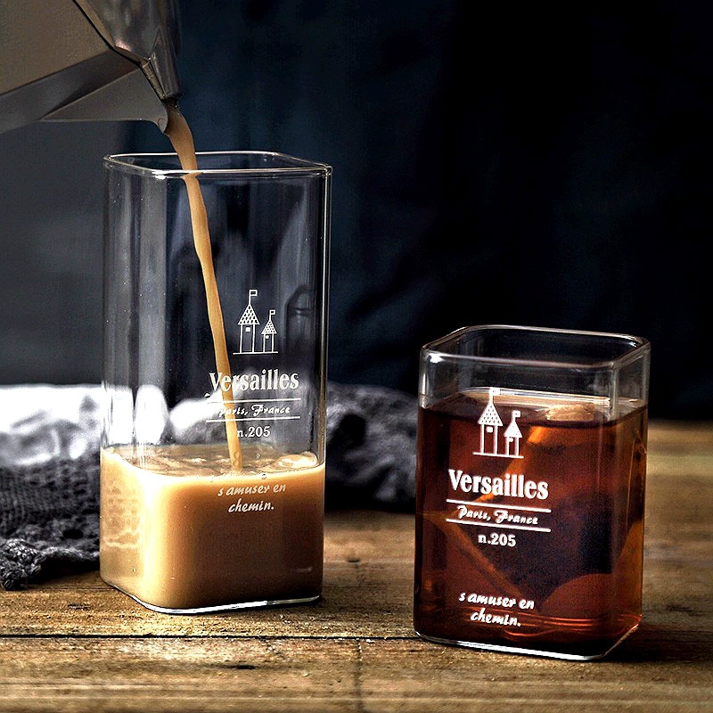 Square Borosilicate Glass Cup, 301–400 ml, Large Capacity Transparent Breakfast Mug