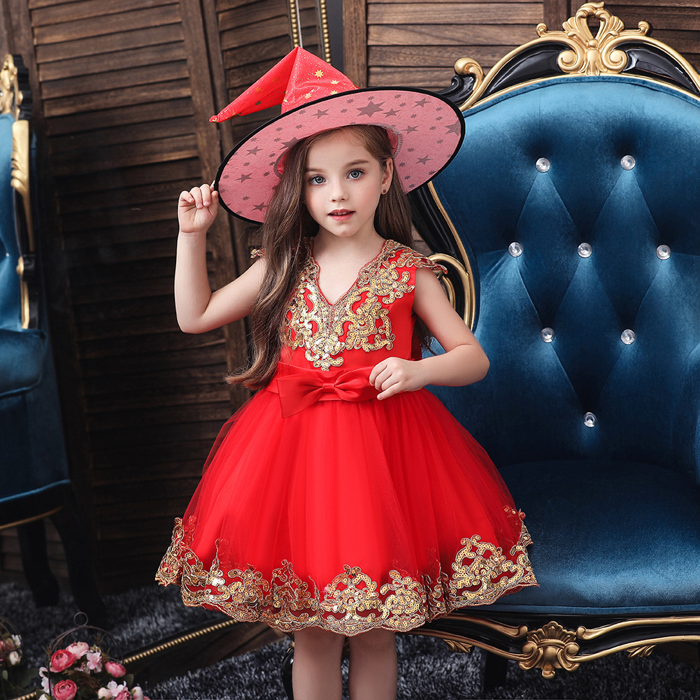 Vestido de niña de Amazon Vestido de princesa Traje de Halloween Vestido rojo para niños Vestido de malla con lentejuelas para niños medianos y grandes