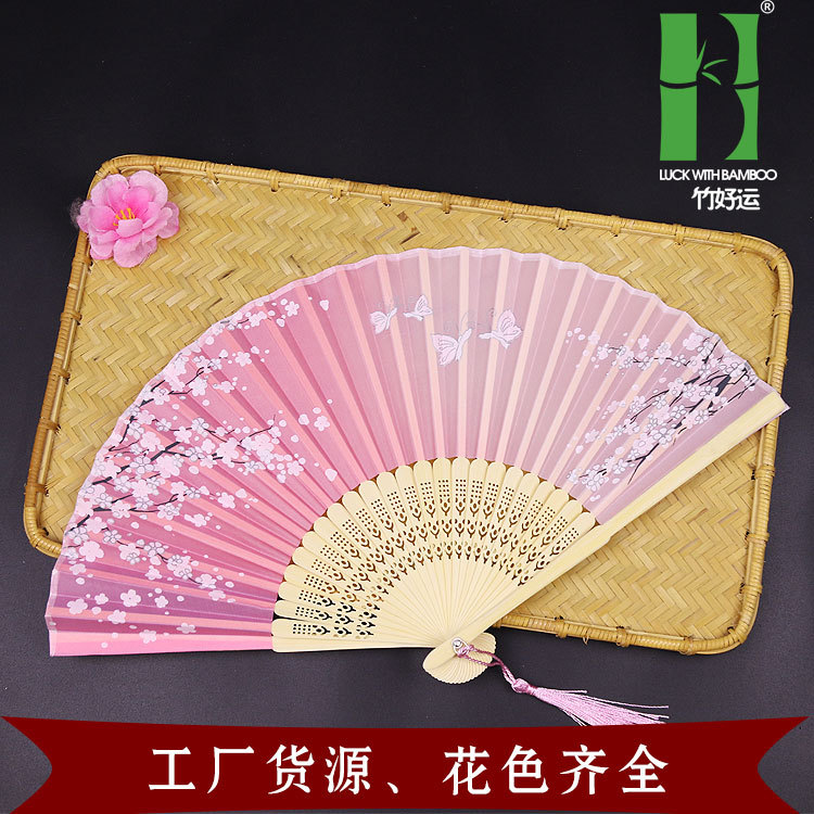 Fuente de la fábrica de bambú estilo chino ventilador plegable estilo japonés ventilador de bambú danza ventilador sonrisa ventilador al por mayor