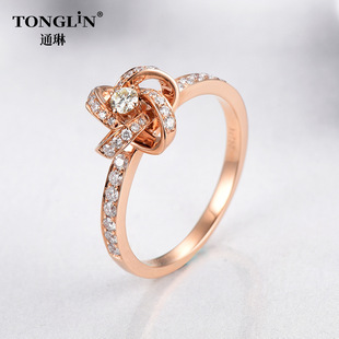 Tonglin 18K Rose Gold Windmill Diamond Ring for Women Au750 Inlaid with Natural Diamond Four-Leaf Clover Ring Wedding Ring