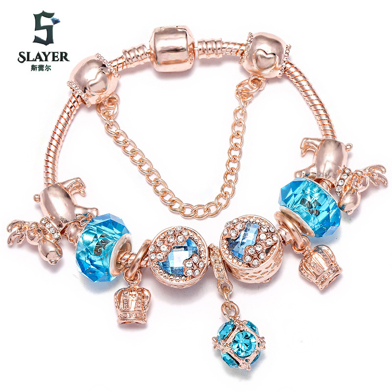 New Rose Gold Silver Charm Lady Bracelet DIY Blue Crystal Crown Heart Pendant Gift Batch