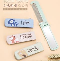 Cartoon stainless steel dense-tooth comb Nordic style foldable rotating mirror comb two-in-one travel comb anti-static hair comb
