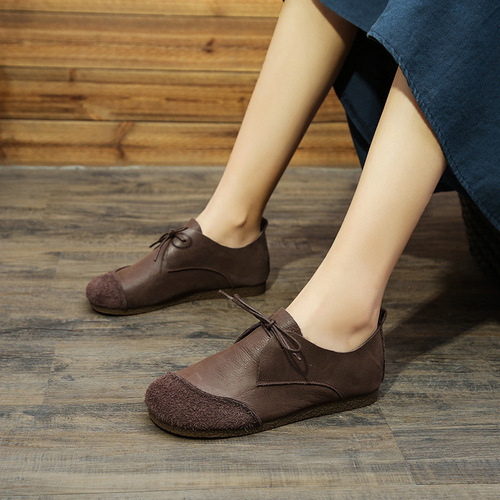 Handmade Buckle Genuine Calfskin Flat Soft Sole Versatile Casual Women's Single Shoes 2011-15 Durable Retro Style
