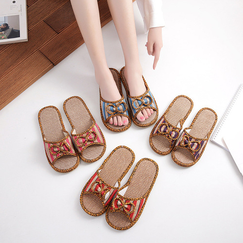 Cross-border single order linen cool slippers for women summer home indoor home use women's shoes for couples autumn and spring floor mats