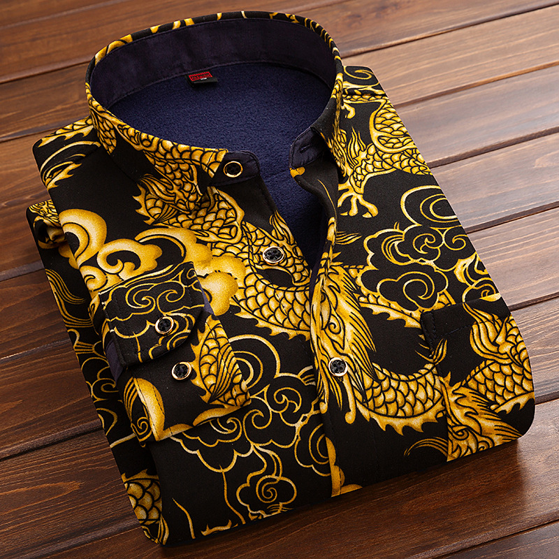 Escudo de oro Luoma Otoño e Invierno camisa térmica de los hombres forrada de lana engrosada camisa térmica de los hombres de mediana edad y ancianos desgaste de papá de negocios