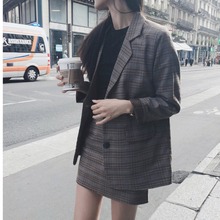 韩版chic英伦风复古格纹百搭宽松西装外套+格纹半身裙套装