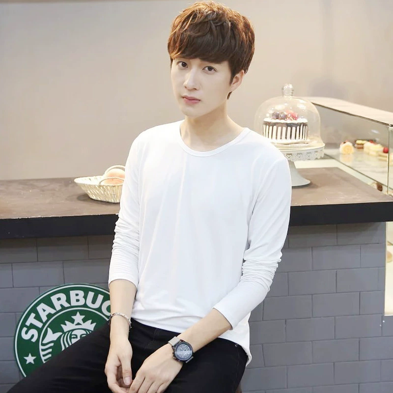 Футболка с длинными рукавами мужская нижняя рубашка чисто белая с круглым вырезом осенняя и зимняя нижняя рубашка свободного большого размера повседневный топ