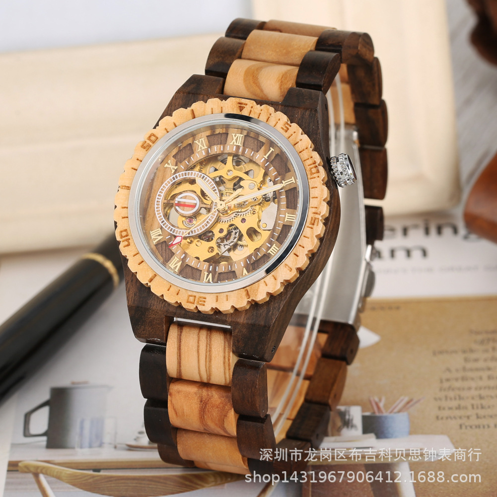 Retro Fashionable Bamboo Wood Roman Numeral Cut Out Automatic Mechanical Wooden Watch Men's Fashionable Casual Watch Ready Stock for Quick Delivery