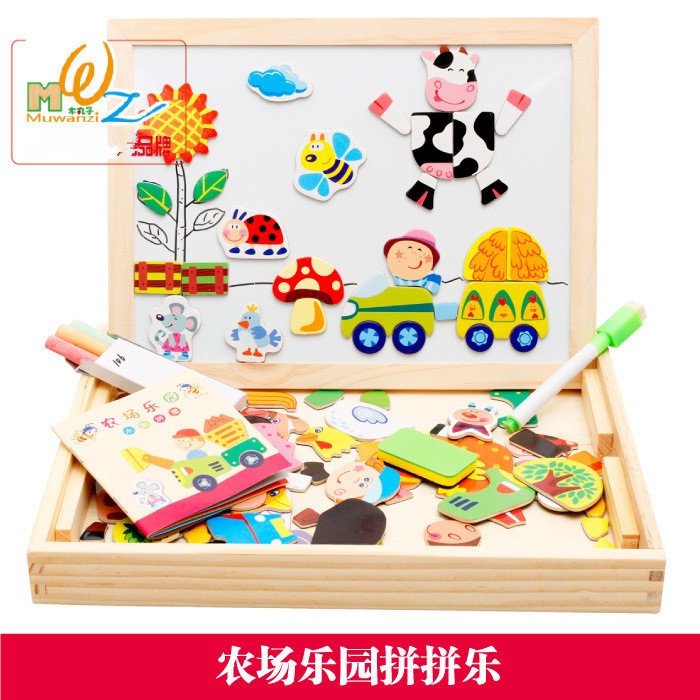 Fábrica de madera directa granja paraíso magnético rompecabezas de doble cara tablero de dibujo juguetes educativos para niños