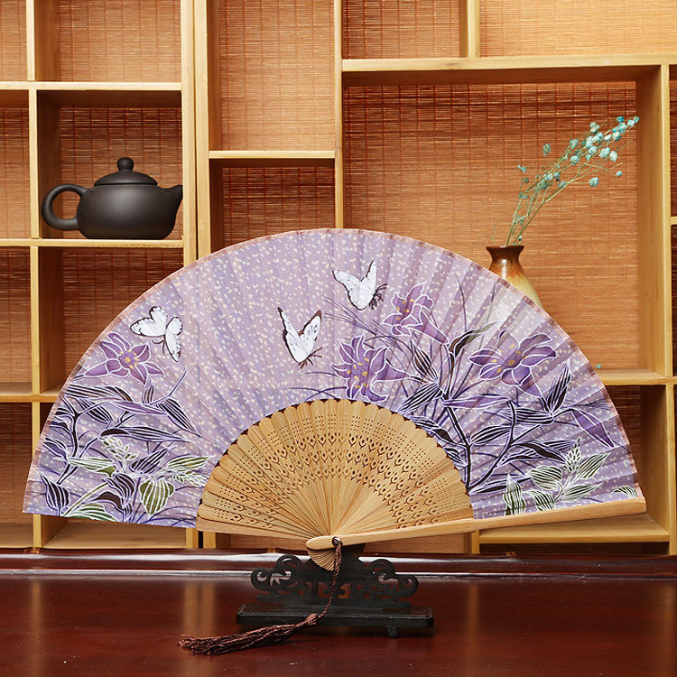 Estilo japonés ventilador de artesanía logo translúcido ventilador plegable mariposa a juego kimono estilo antiguo danza ventilador plegable al por mayor