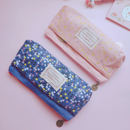 Korean Stationery Pastoral Fresh Small Floral Nectar Double Zipper Pen Bag Stationery Bag Storage Pen Bag