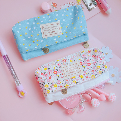 Korean Stationery Pastoral Fresh Small Floral Nectar Double Zipper Pen Bag Stationery Bag Storage Pen Bag