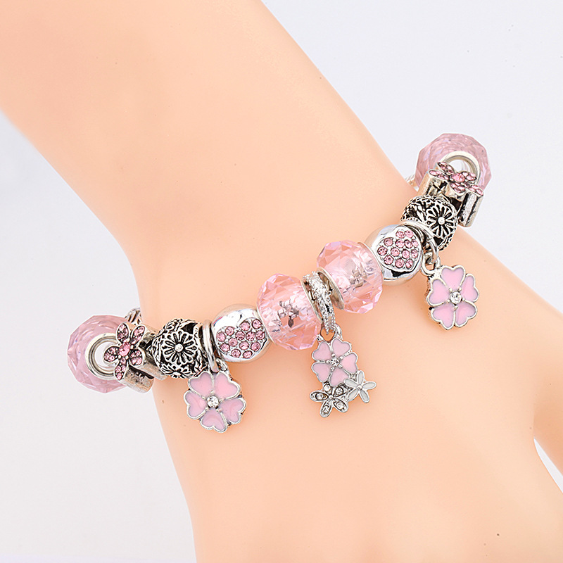 Bracelet jonc fleur émail et cristal rose collection automne_voghion.com