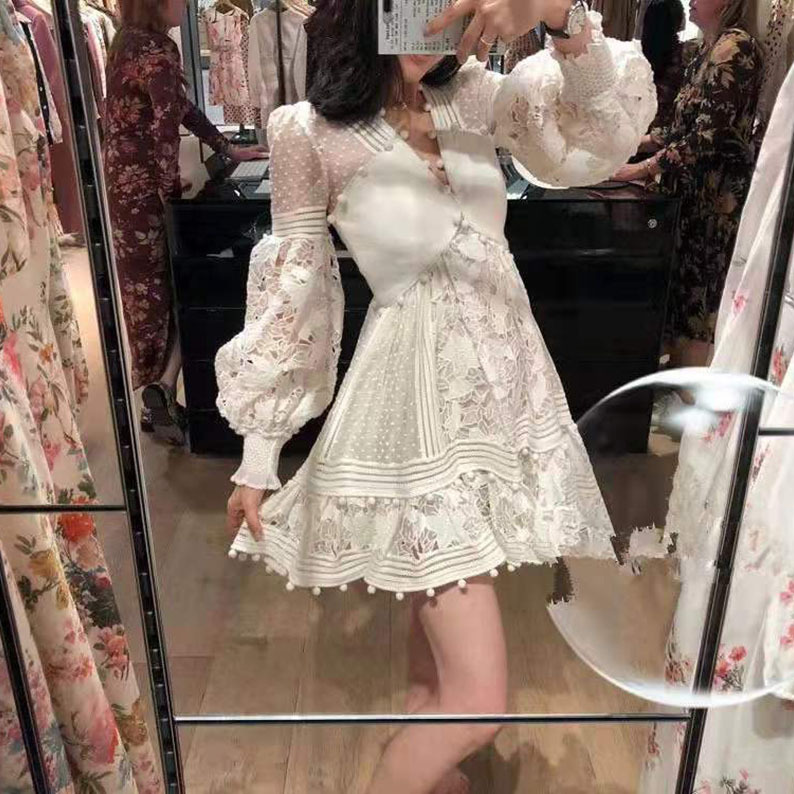 Otoño 2024 mujeres europeas y americanas de comercio exterior de ropa de mujer Amazon nueva manga larga con cuello en V vestido de encaje hueco vestido midi image 3