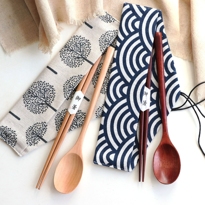Japanese-style portable outdoor chopsticks spoon cloth bag three-piece student tableware set school season gift can be engraved logo