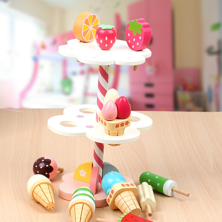 Simulación infantil de la cocina de fresa helado mesa de helado de tres capas de helado tachechele juguetes de madera
