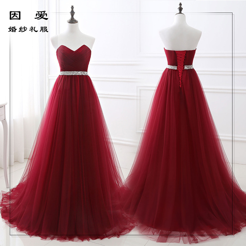 Long Sister-Style Dress for Toasting, Graduation Party, Evening Gown, Princess Burgundy High-Waisted Slimming Wedding Dress with Large A-Line Skirt