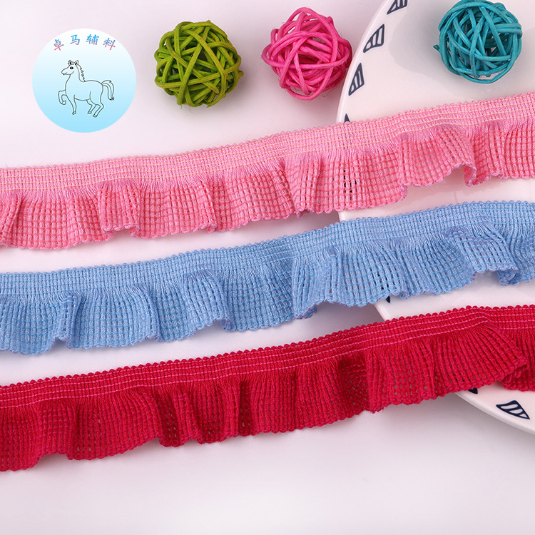 新款环保弹力木耳花边 服装辅料装饰 彩色网纱面料涤纶花边批发