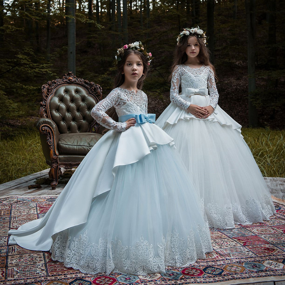 Comercio exterior europeo y americano transfronterizo vestido de niños nuevos niñas de manga larga de encaje desfile de cumpleaños vestido esponjoso