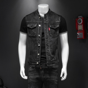 Cross-border Foreign Trade Autumn Men's Harley Motorcycle Team Uniform Black Vertical Collar Large Size Denim Vest Male Chubby M-7XL