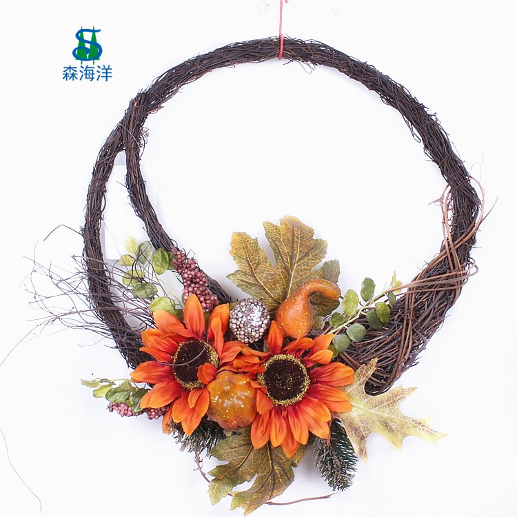 Venta directa de fábrica, corona de ratán con hojas de arce de otoño, festival de la cosecha de calabazas, corona del festival de la cosecha de otoño, decoraciones colgantes para puertas y ventanas
