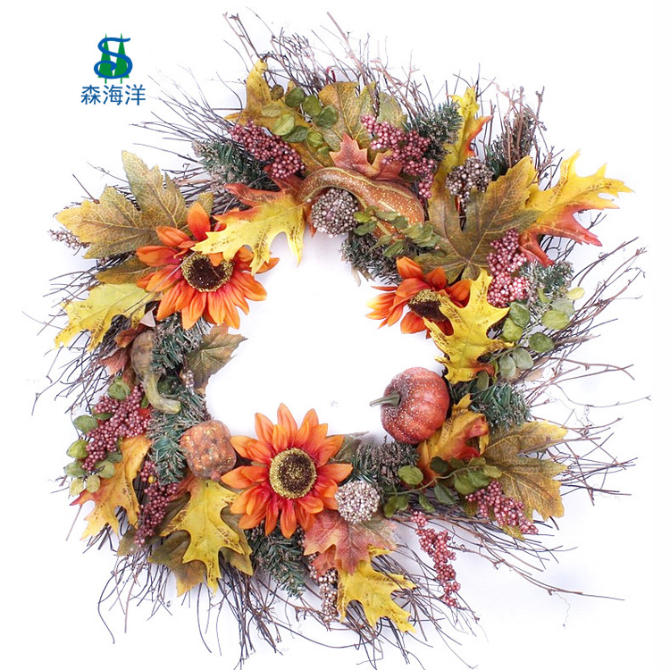 Venta directa de fábrica, corona de ratán con hojas de arce de otoño, festival de la cosecha de calabazas, corona del festival de la cosecha de otoño, decoraciones colgantes para puertas y ventanas