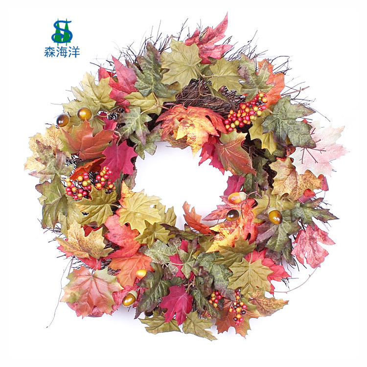 Venta directa de fábrica, corona de ratán con hojas de arce de otoño, festival de la cosecha de calabazas, corona del festival de la cosecha de otoño, decoraciones colgantes para puertas y ventanas