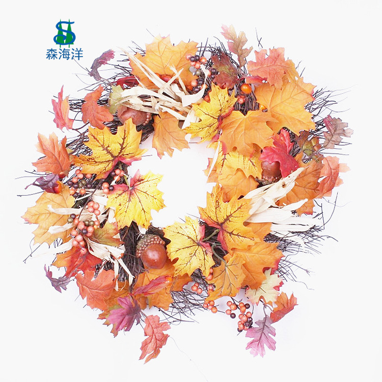 Venta directa de fábrica, corona de ratán con hojas de arce de otoño, festival de la cosecha de calabazas, corona del festival de la cosecha de otoño, decoraciones colgantes para puertas y ventanas