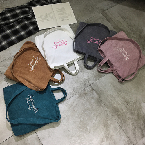 Corduroy women's bag new style literary embroidered letter tote bag retro college style single shoulder crossbody handbag large bag