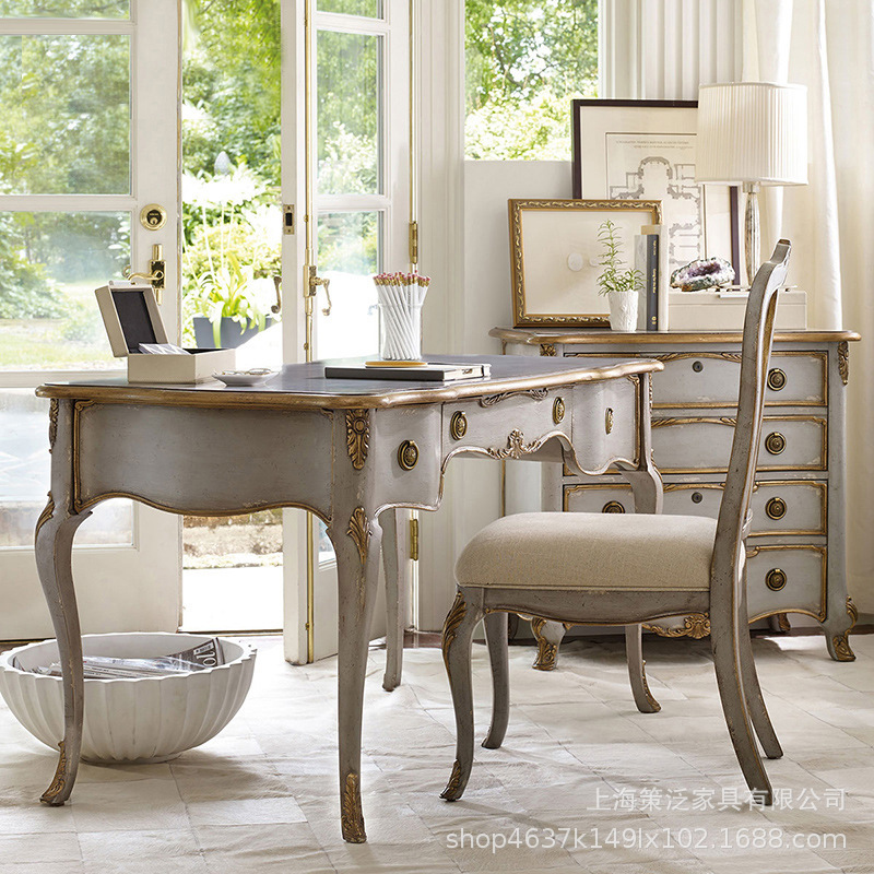 American retro solid wood desk and chair French gray carved gold distressed writing desk computer desk office desk