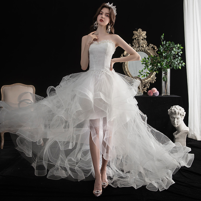 2025 Spring New Front Long Back Small Train Wedding Student Princess Puffy Cake Studio Short Dress_voghion.com