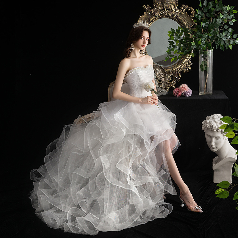 2026 New Style Short Front and Long Back Wedding Dress with Small Train, Student Princess Puffy Cake Skirt, Studio Short Dress for Women