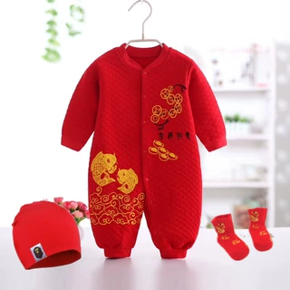 婴儿保暖秋冬连体衣红色哈爬宝宝喜庆满月百天服0-1岁衣服新年服