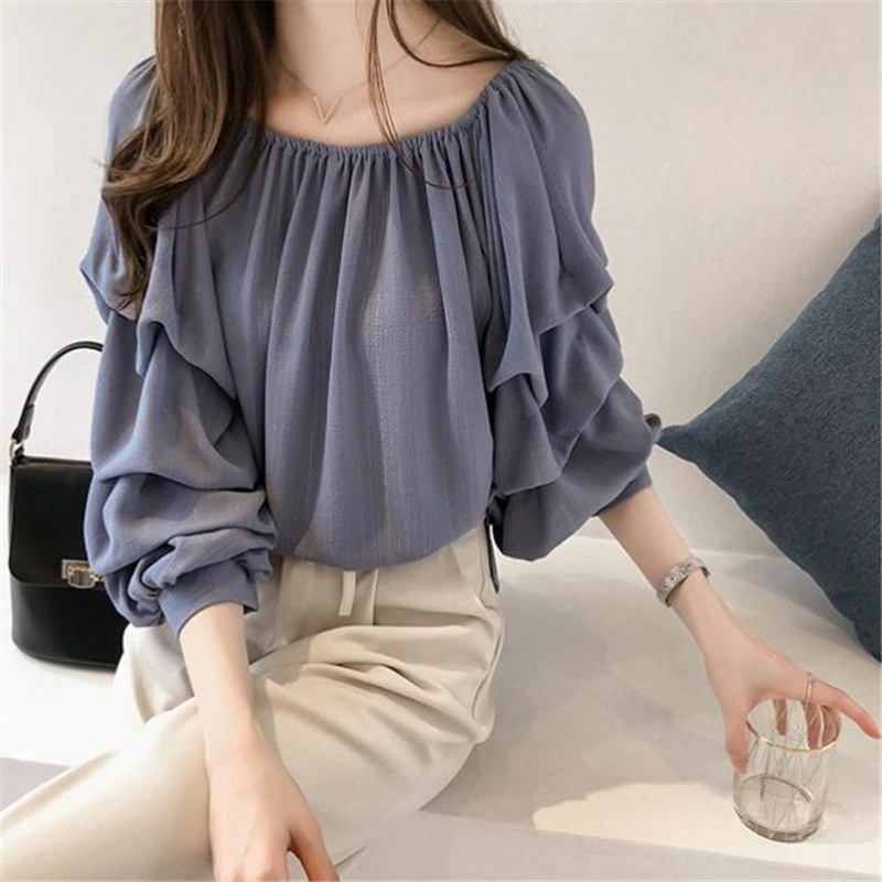 2023 Новая Элегантная шифоновая рубашка с открытыми плечами в Корейском стиле, женский свободный топ с пузырьками, однотонная основа для похудения