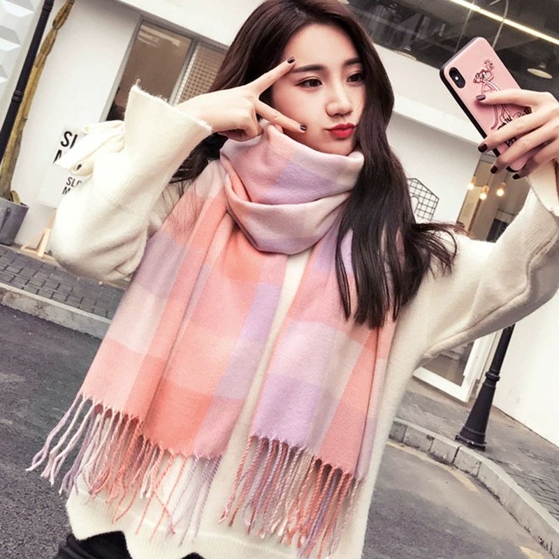 Double-Sided Faux Fur Scarf, 200×60 cm, Long Warm Soft Korean Style Plaid
