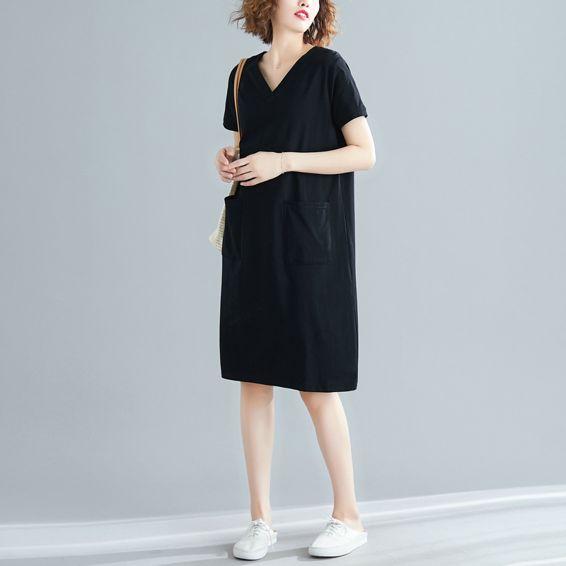 Gran tamaño de ropa de mujer de verano suelta coreana media y larga camiseta gorda mm color sólido V-collar delgado vestido de mangas cortas