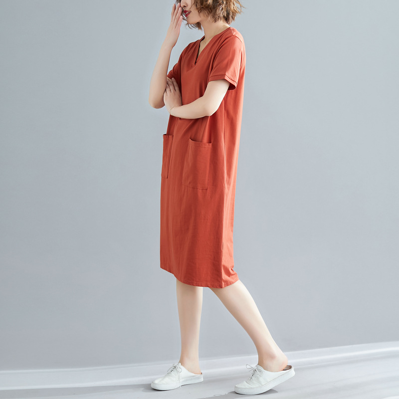Gran tamaño de ropa de mujer de verano suelta coreana media y larga camiseta gorda mm color sólido V-collar delgado vestido de mangas cortas