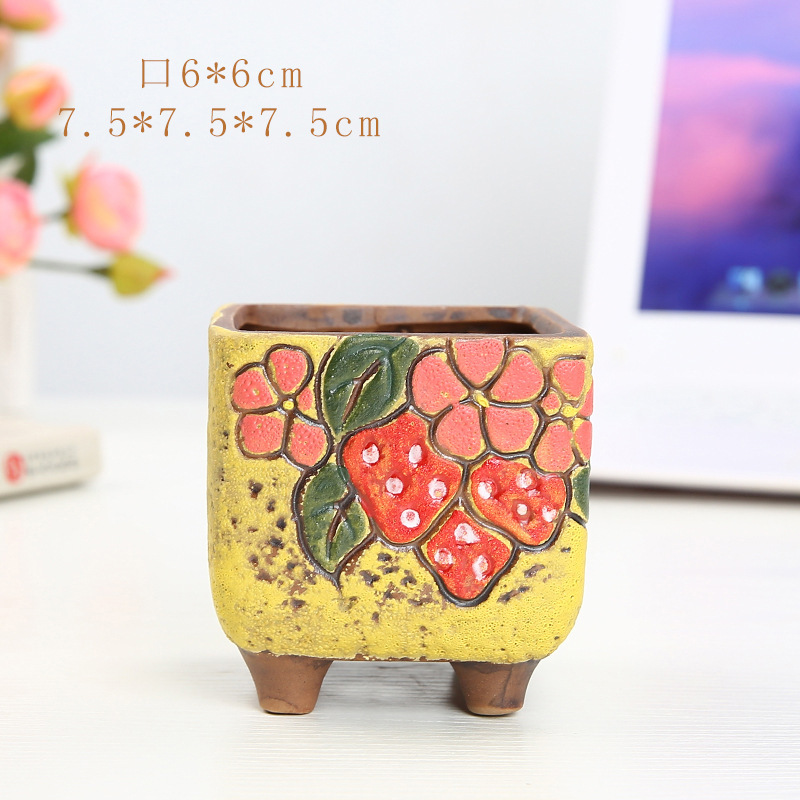 多肉陶磁器植木鉢diy手描き陶磁器植木鉢粗陶通気デスクトップ韓国式カラー角型多肉盆|undefined